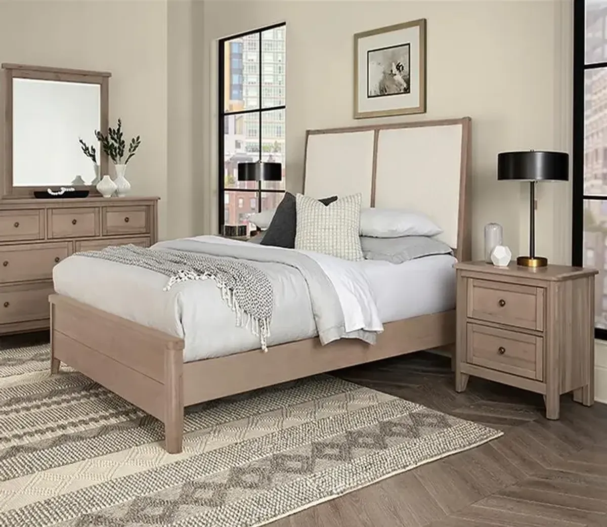 Vaughan Bassett Woodbridge Upholstered Panel Bed - Clear Maple/White - Queen