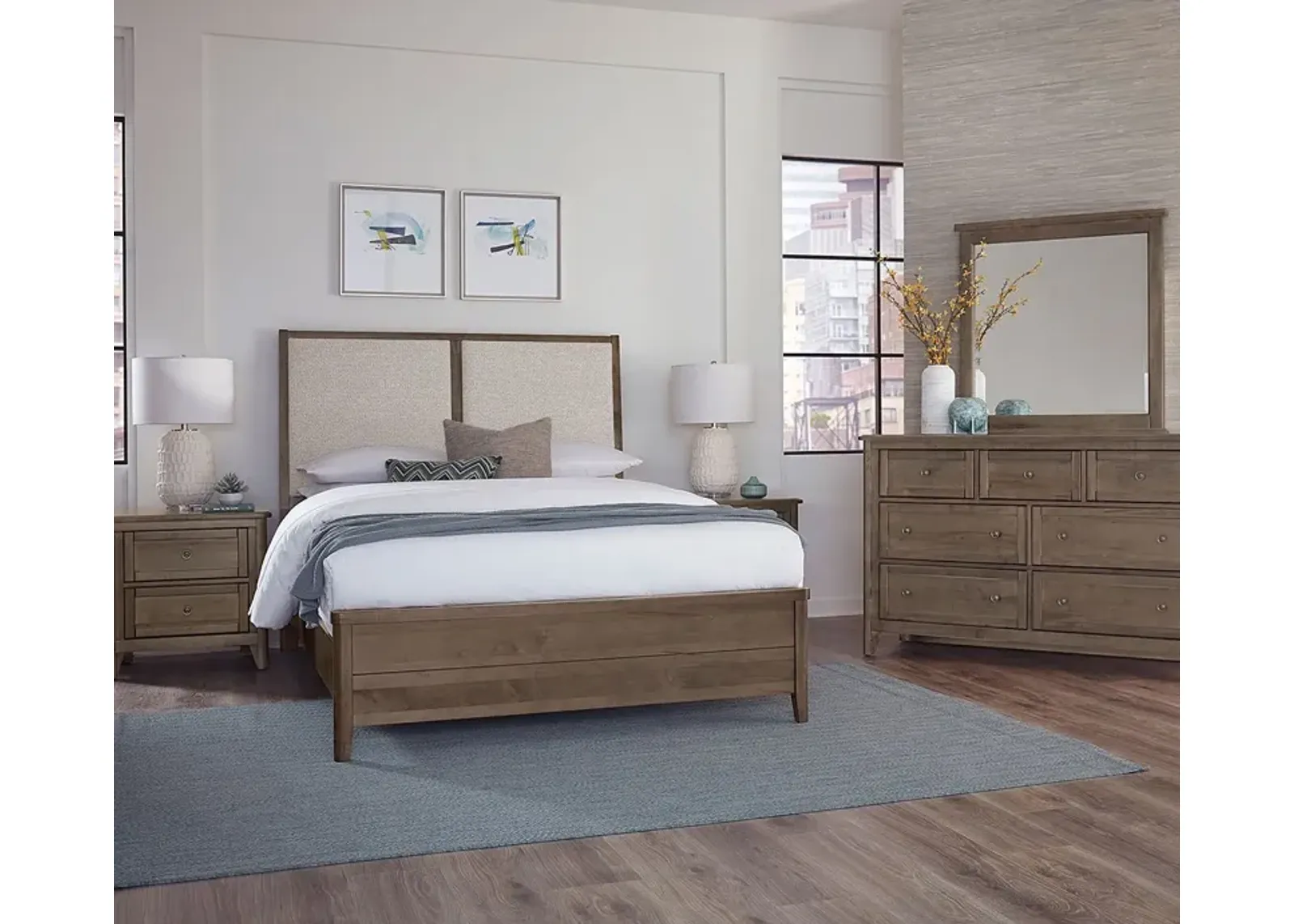 Vaughan Bassett Woodbridge Upholstered Panel Bed - Clear Maple/Grey - King