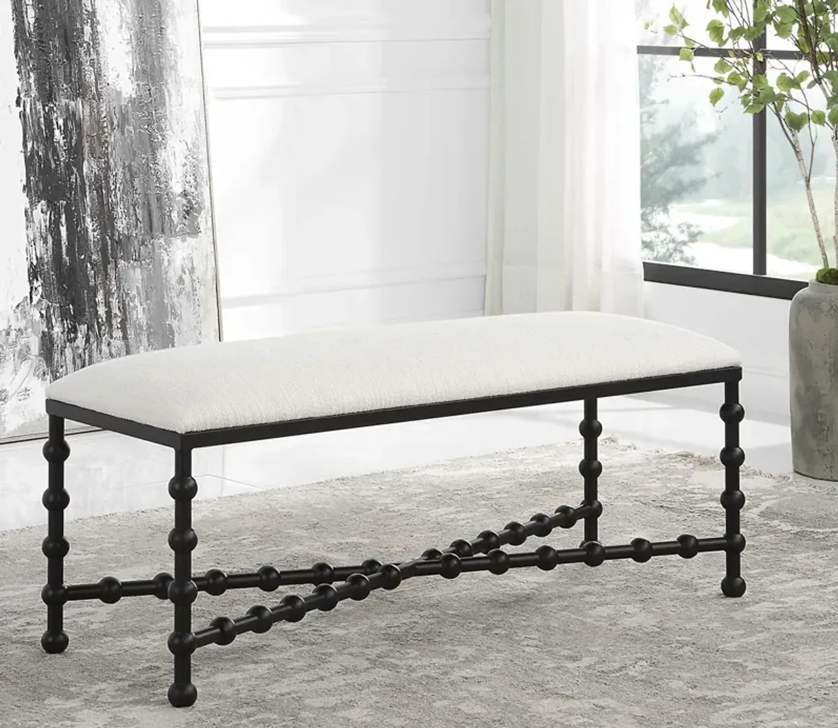 Uttermost Iron Drops White Cushioned Bench