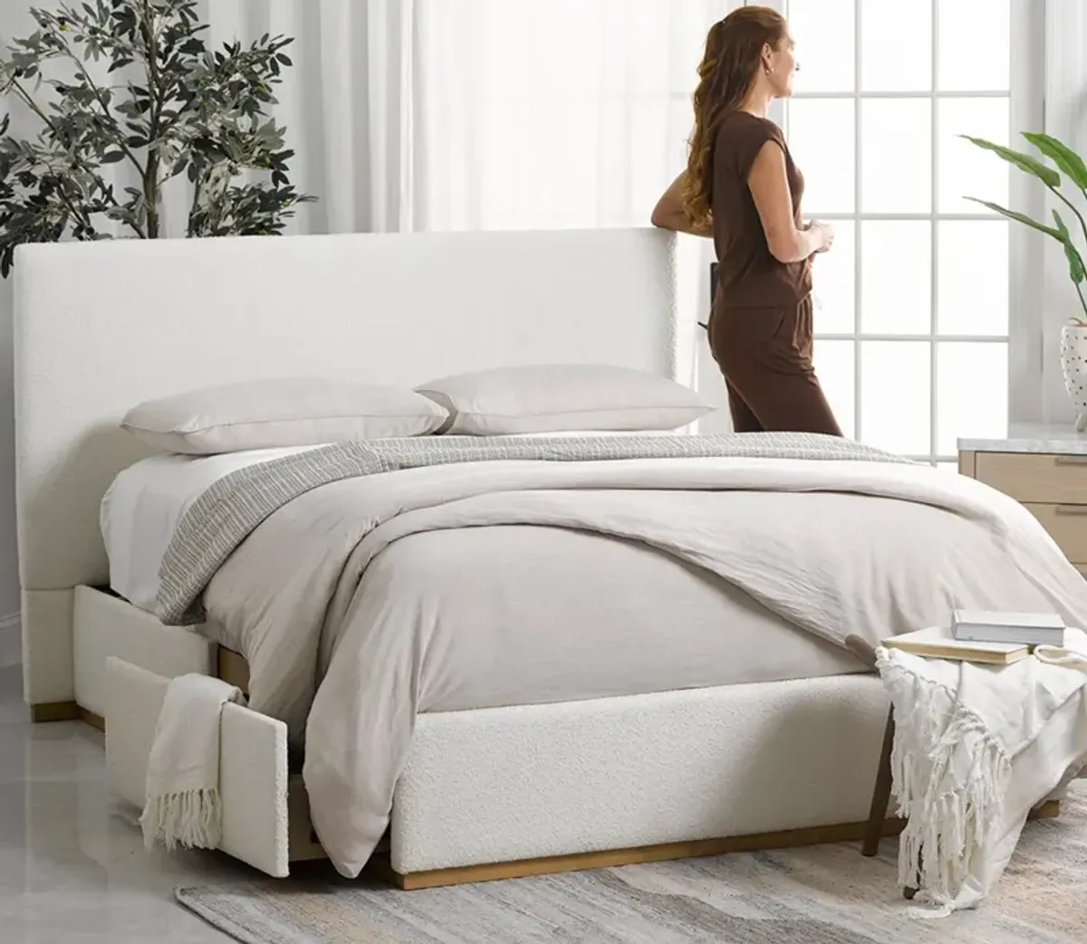 CM Home Bodhi Upholstered Storage Bed - Ivory Heringbone - King