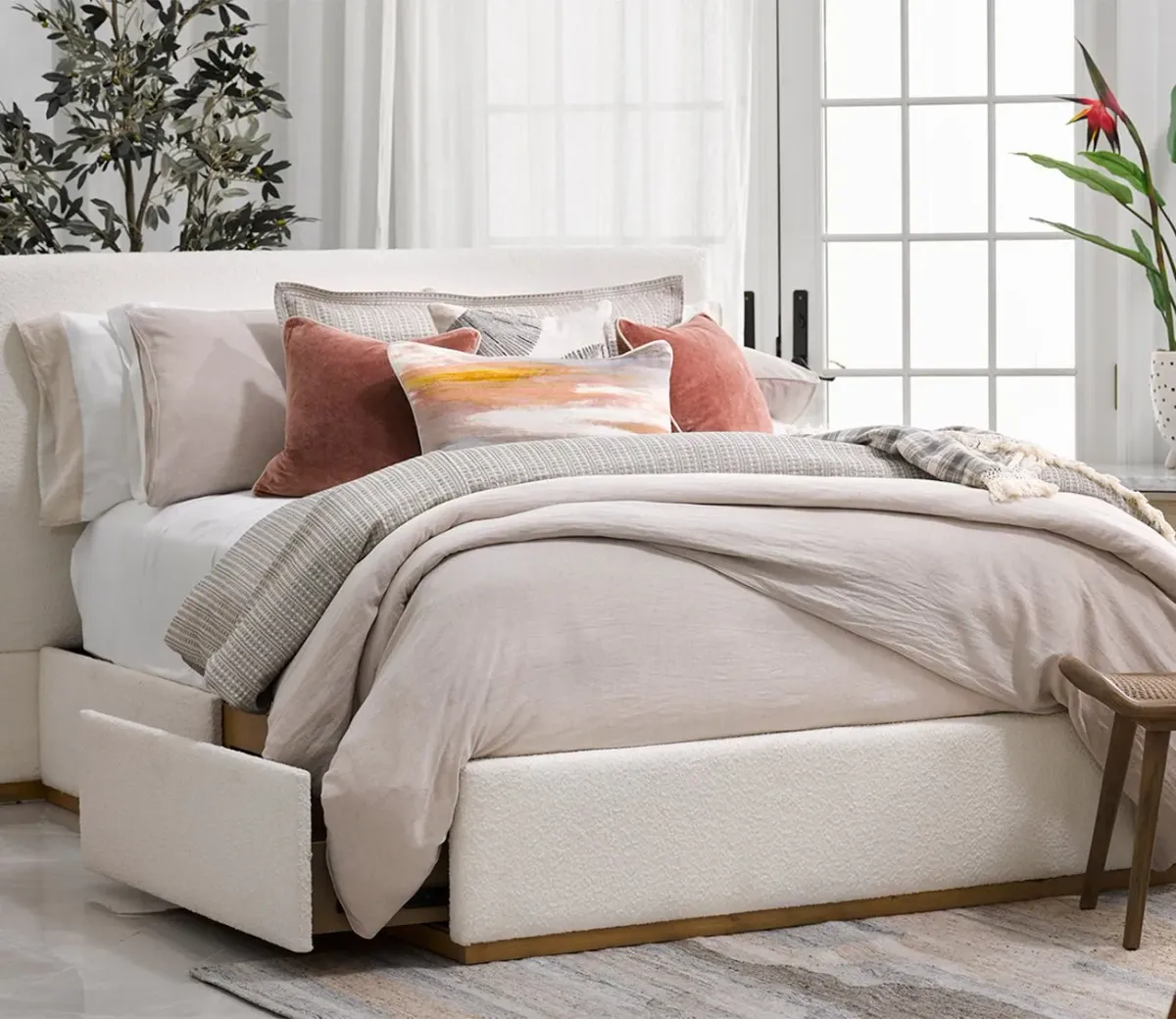 CM Home Bodhi Upholstered Storage Bed - Ivory Heringbone - King