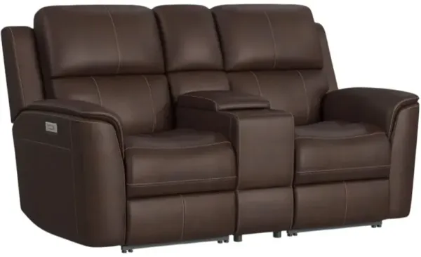 Flexsteel® Henry Dark Brown Power Reclining Loveseat with Console and Power Headrests and Lumbar