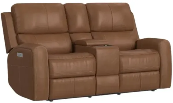 Flexsteel® Linden Caramel Power Reclining Loveseat with Console and Power Headrests and Lumbar