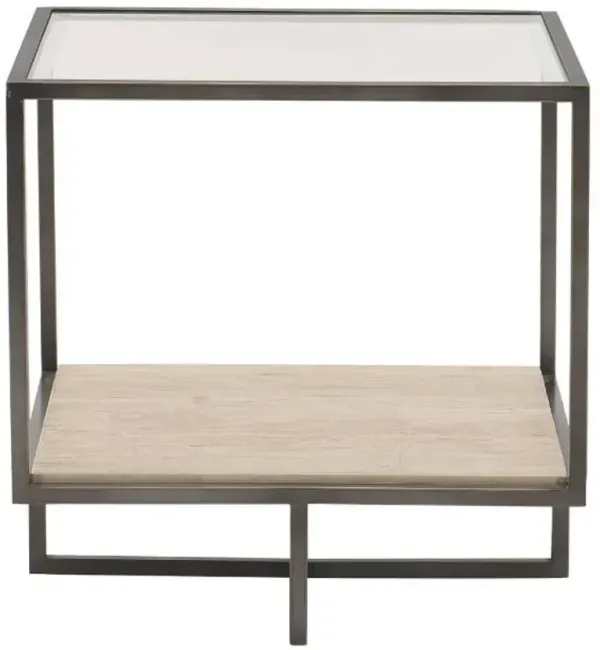 Bernhardt Harlow Glass Top End Table with Beige Shelve and Metal Frame