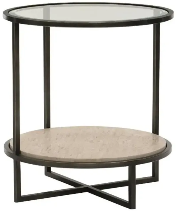 Bernhardt Harlow Glass Top Chairside Table with Beige Shelve and Metal Frame