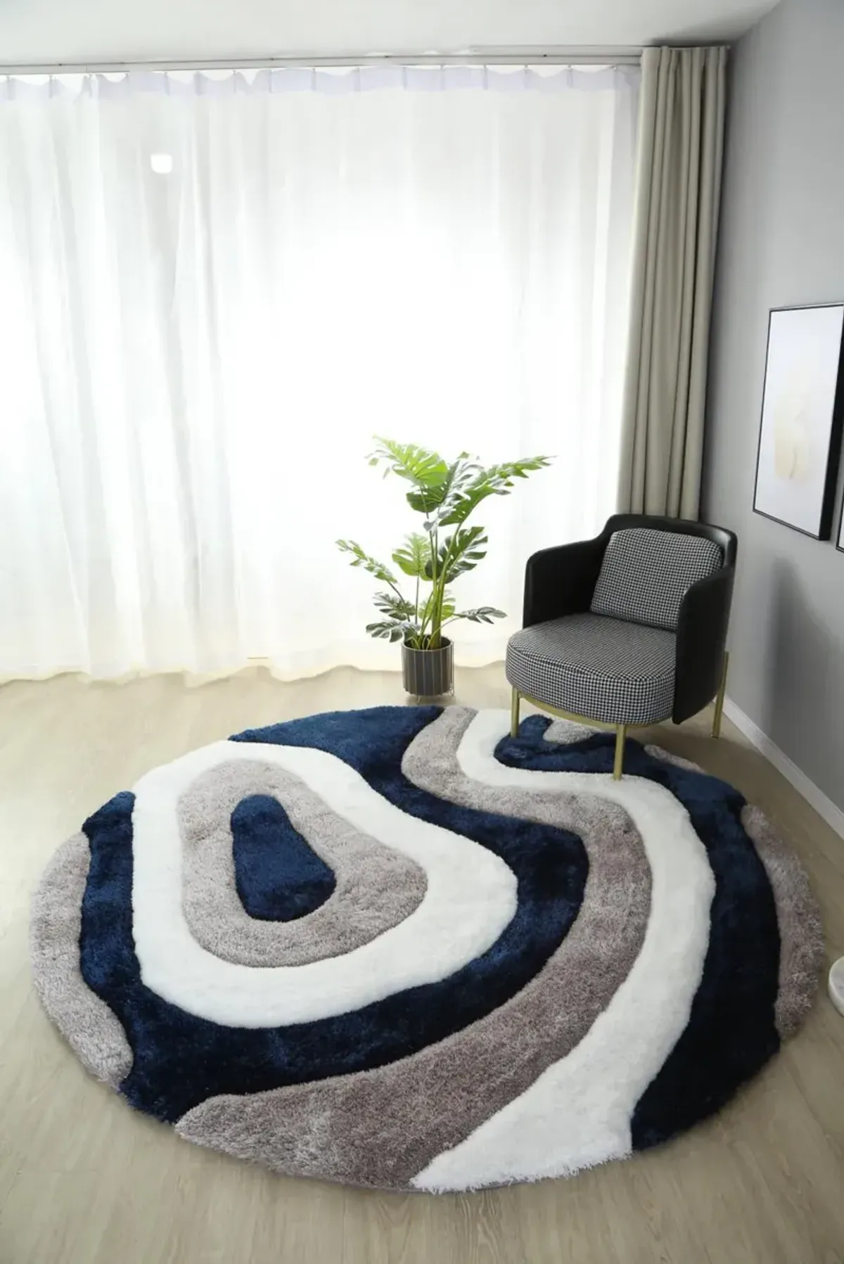 Mateos Grey White Blue - 7 0  x 7 0  Round Area Rug