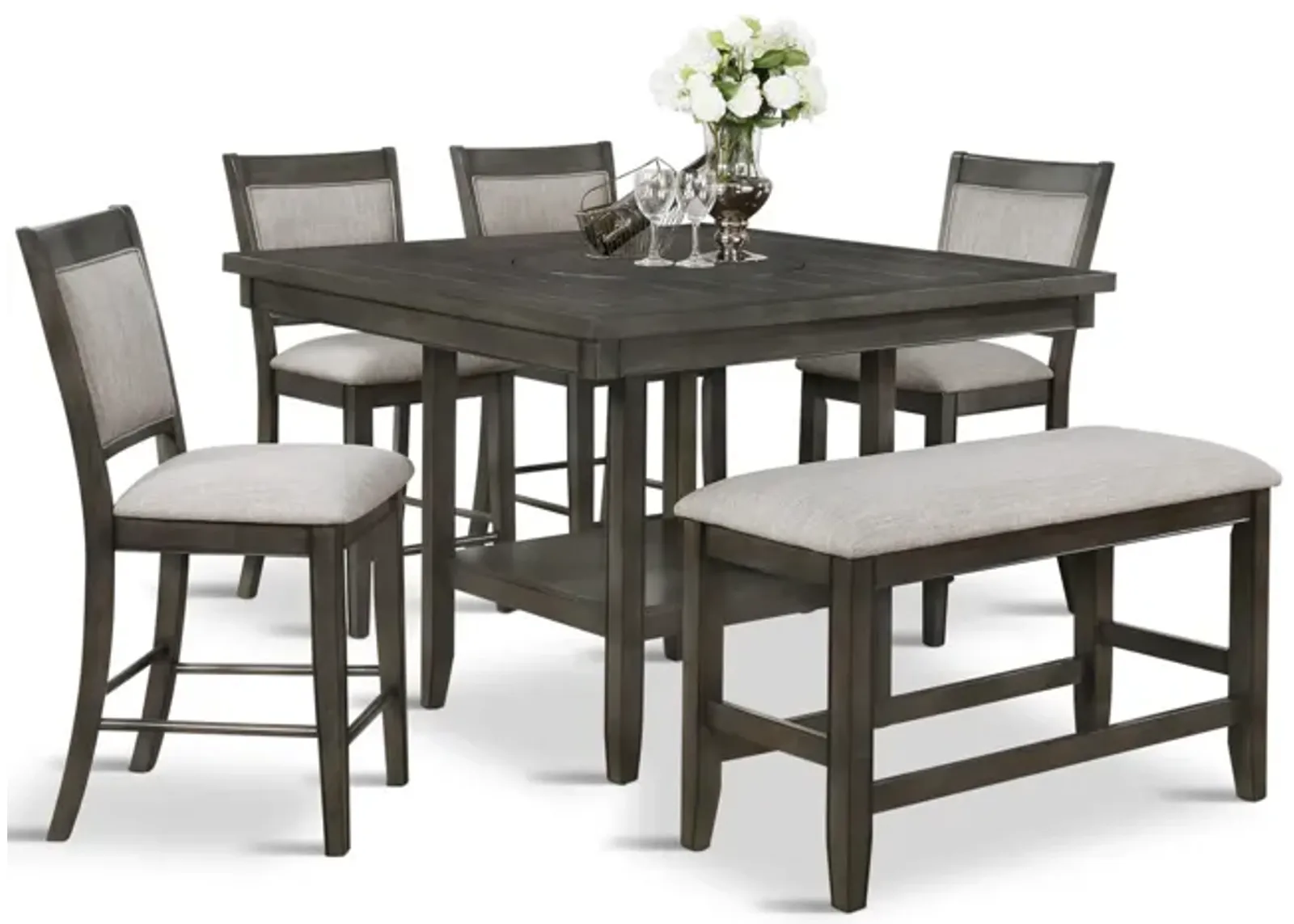 Fulton Grey Counter Table With 4 Counter Stools And Bench