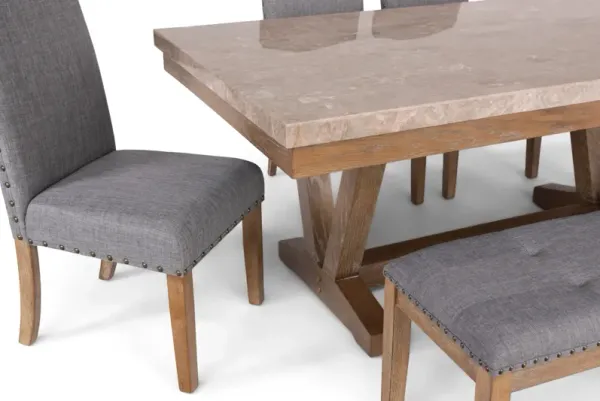 Vesper Marble Table with 4 Upholstered Chairs and Bench