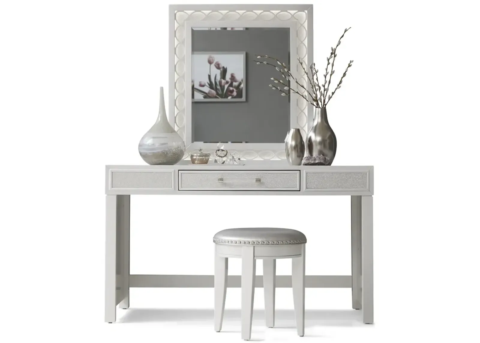 Adorned Vanity  Mirror And Stool Set