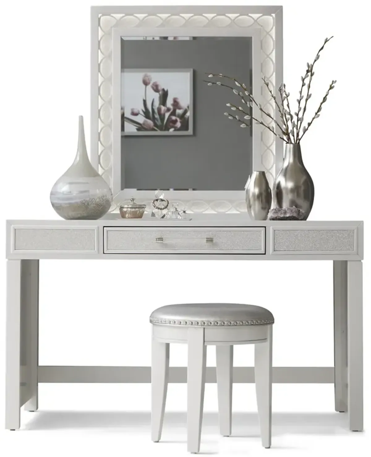 Adorned Vanity  Mirror And Stool Set