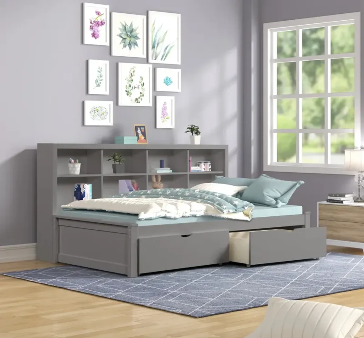 Scout Twin Bookcase Bed With 2 Drawers - Grey