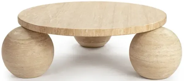 Amara Round Travertine Coffee Table with 3-Sphere Base