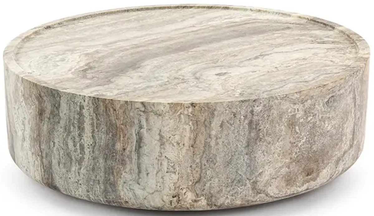 Alo Cylinder Travertine Drum Side Table & Coffee Table Set