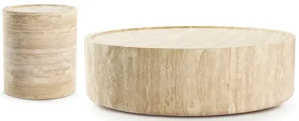 Alo Cylinder Travertine Drum Side Table & Coffee Table Set