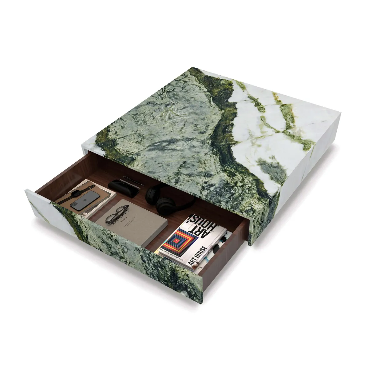 Giro Modern Square Marble Low Profile Block Storage Coffee Table with One Drawer