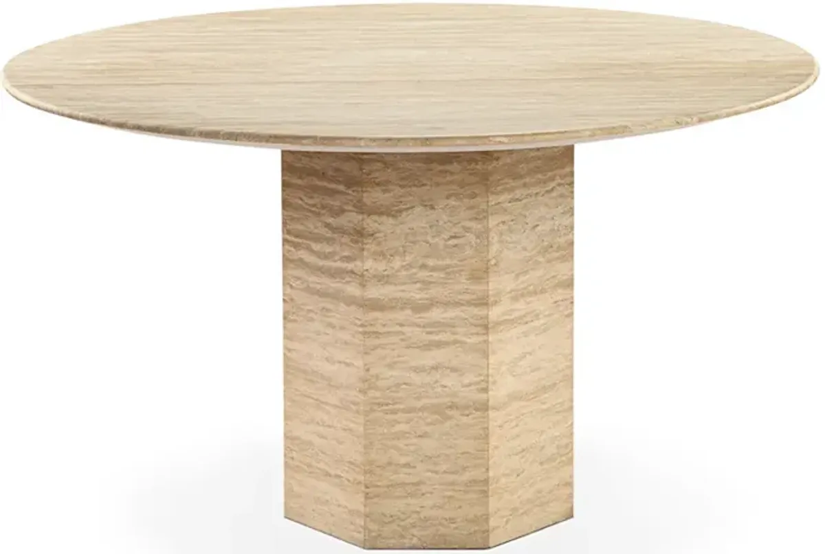 Picco Round Beige Travertine Dining Table with Hexagon Base