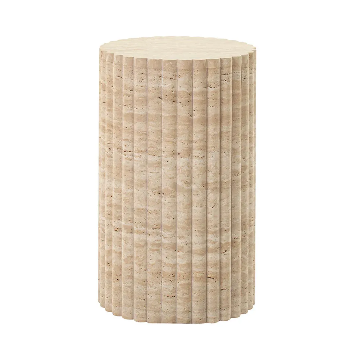Cava Fluted Round Beige Travertine Drum Side Table