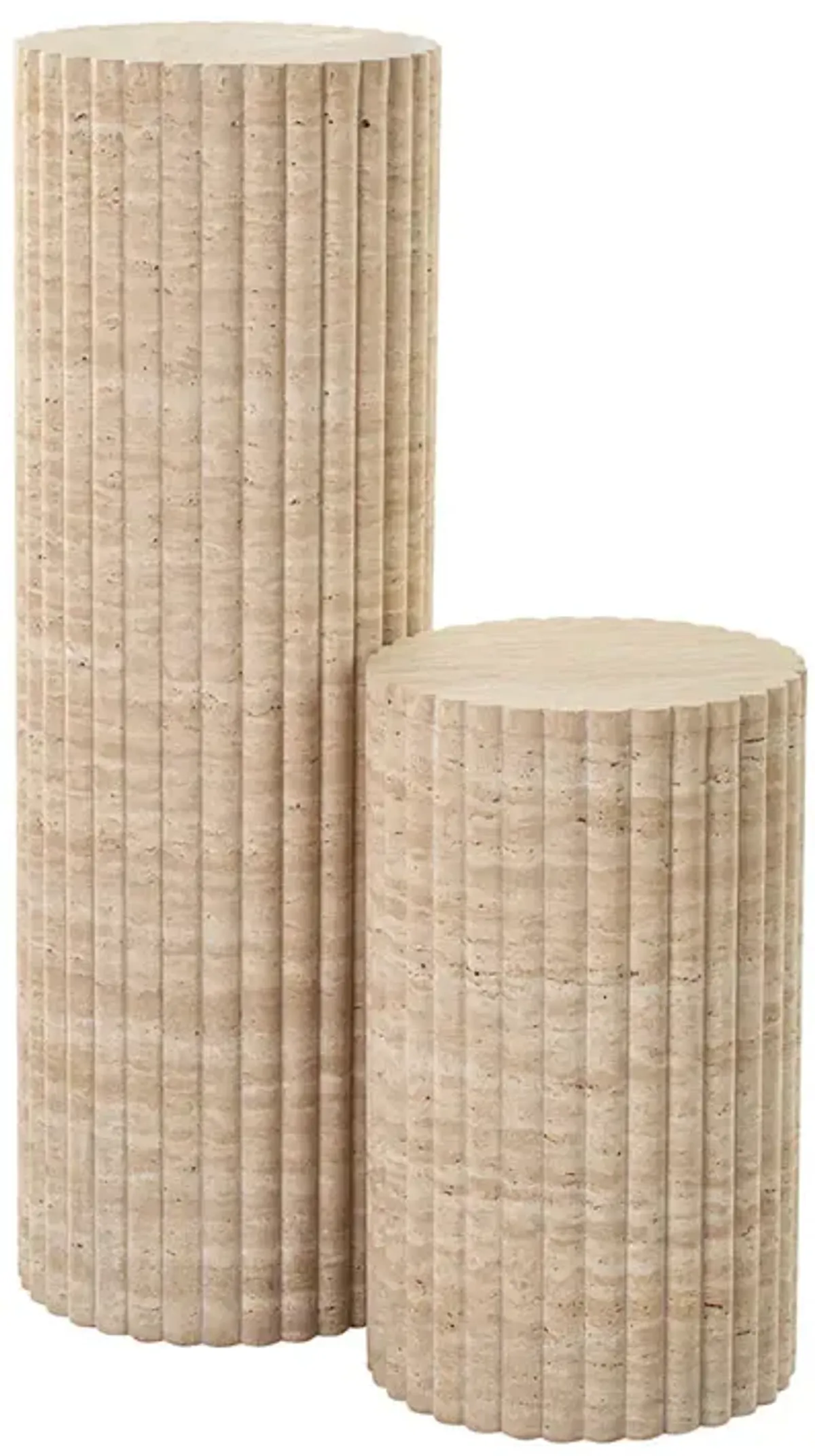 Cava Fluted Round Beige Travertine Drum Side Table