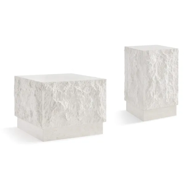 Onda Textured Stone Plinth Cube Side Table & Plinth Block Tall End Table - Moon Light Limestone