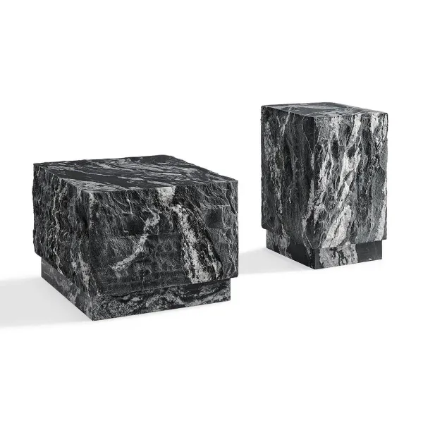 Onda Textured Stone Plinth Cube Side Table & Plinth Block Tall End Table - Cosmic Black Granite