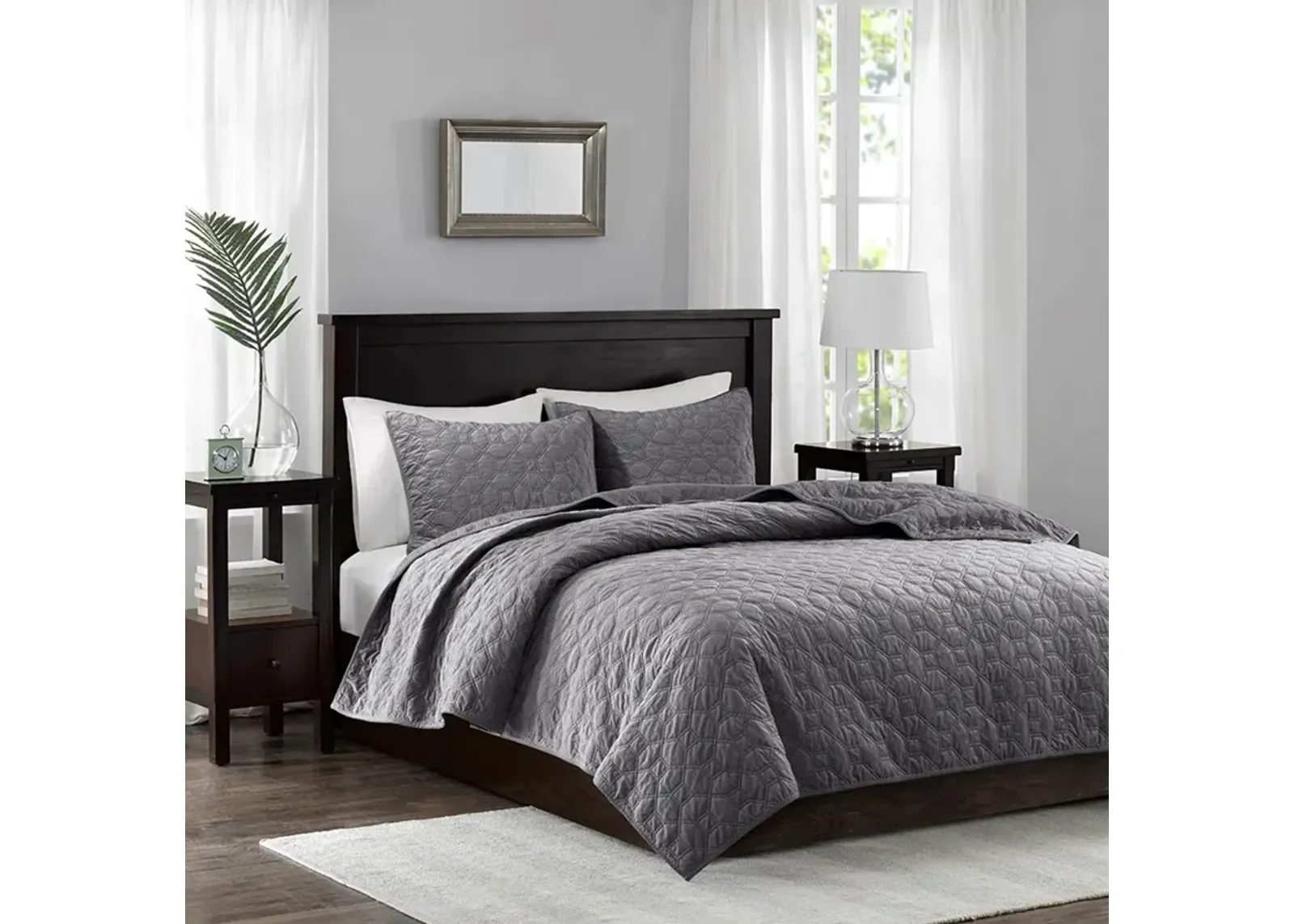 King Harper Faux Velvet Reversible Coverlet Set - Grey