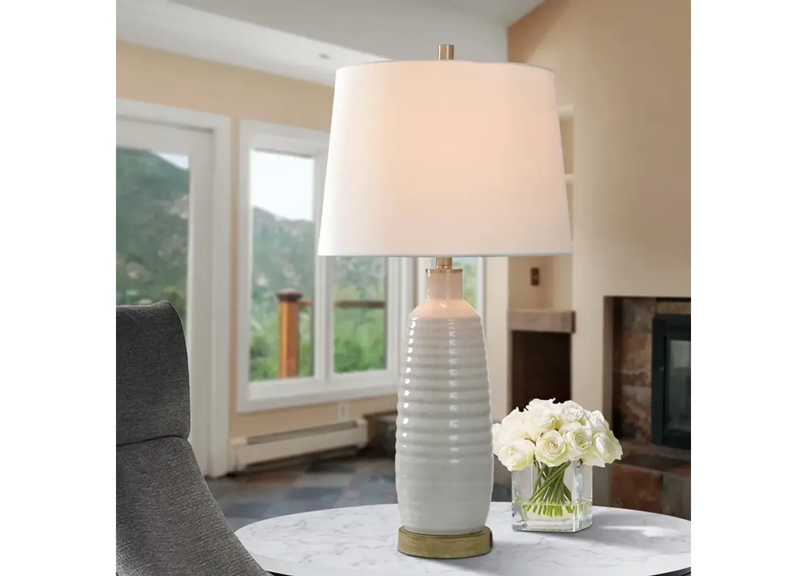 White Wash Table Lamp with USB