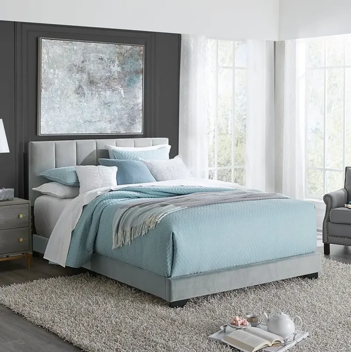 Platinum Grey Channel Upholstered Bed - Queen