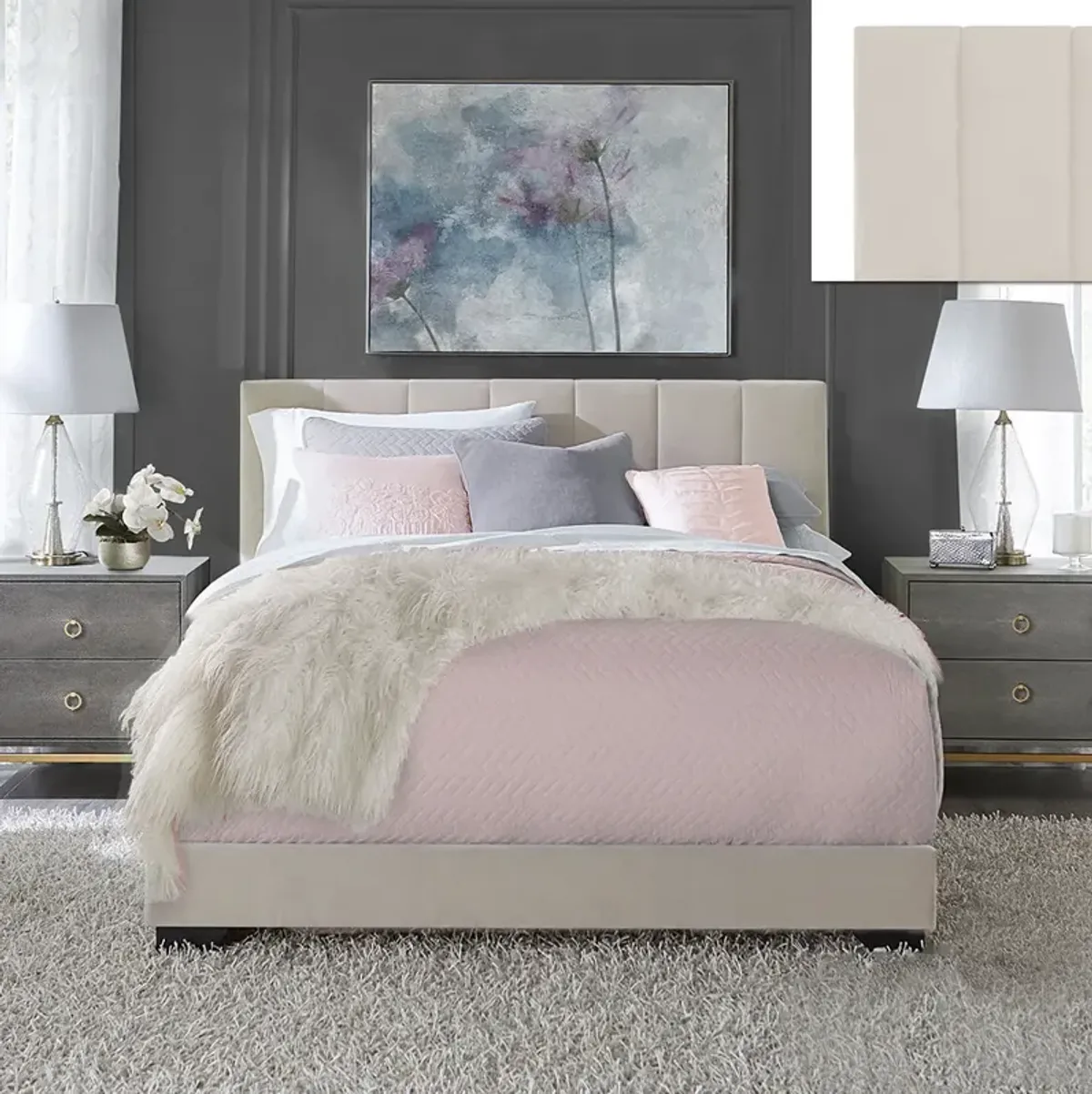 White Channel Upholstered Bed - Queen