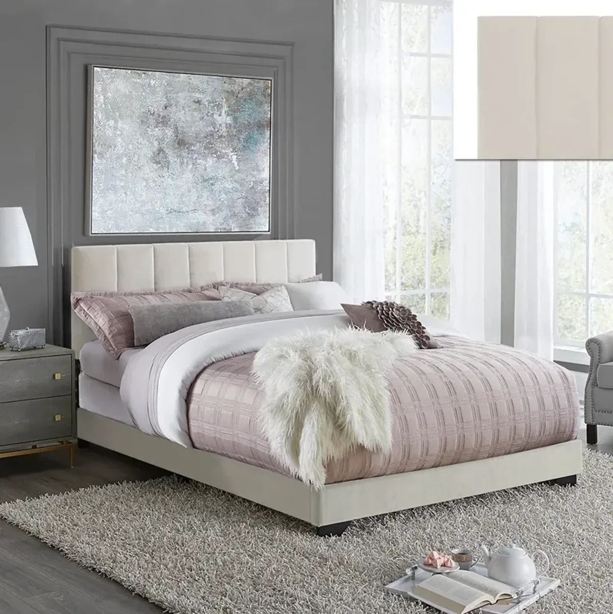 White Channel Upholstered Bed - Queen