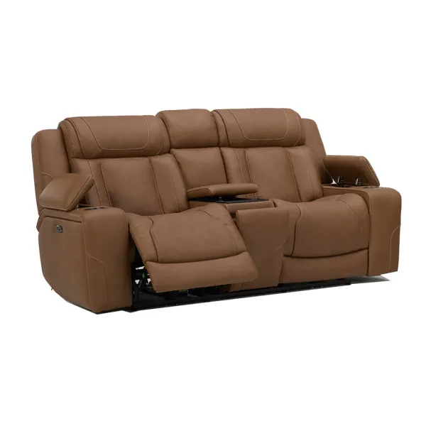 Brown First Class Power Reclining Loveseat with Console