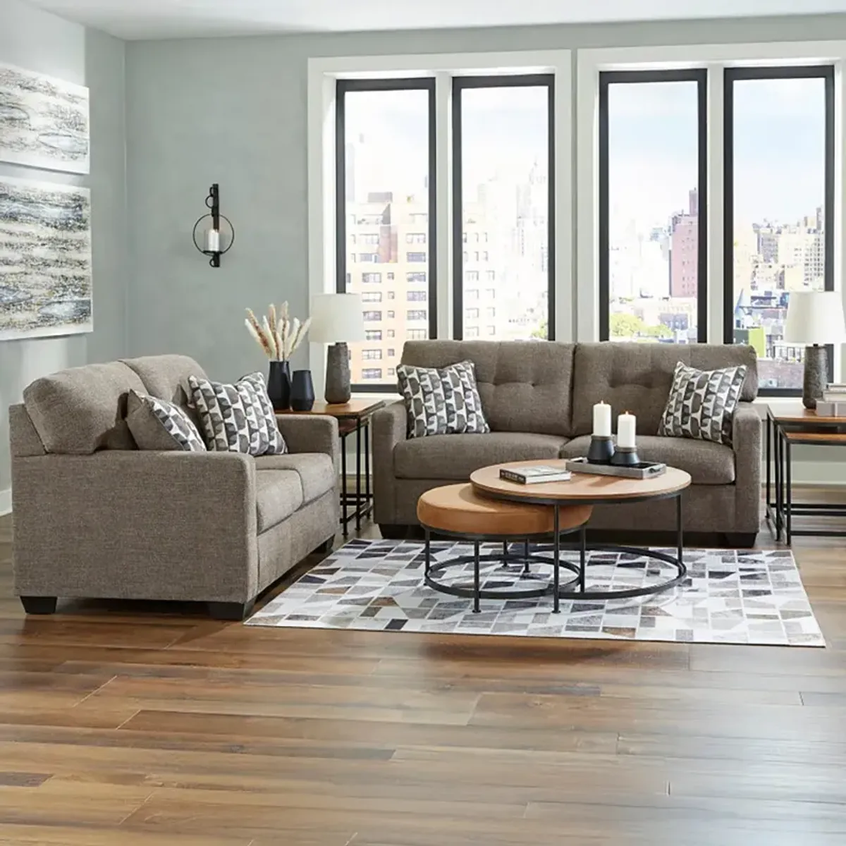 Brown Mahoney Sofa and Loveseat