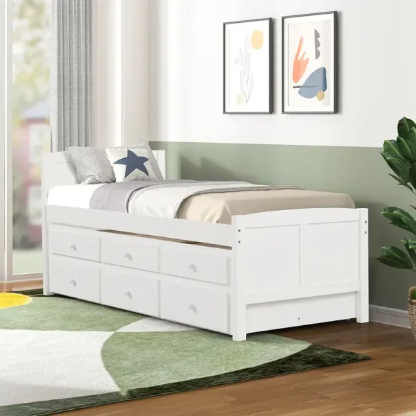 White Captains Trundle Bed with Storage - Twin