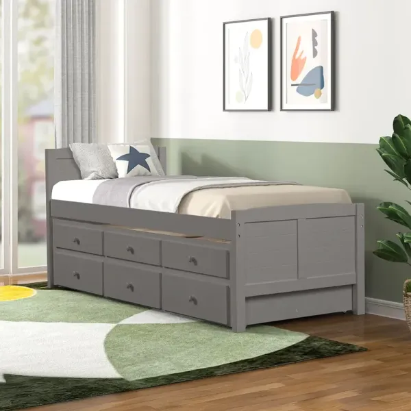 Gray Captains Trundle Bed with Storage - Twin