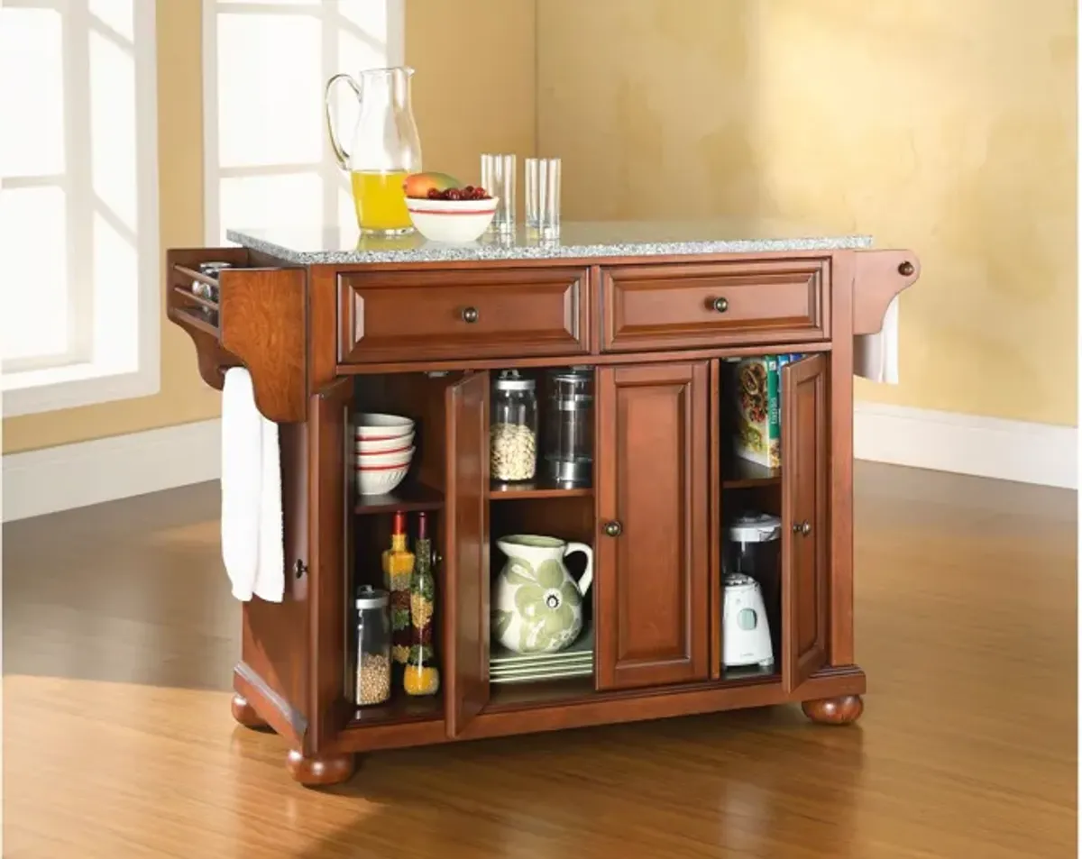 Alexandria Solid Granite Top Kitchen Island in Classic Cherry