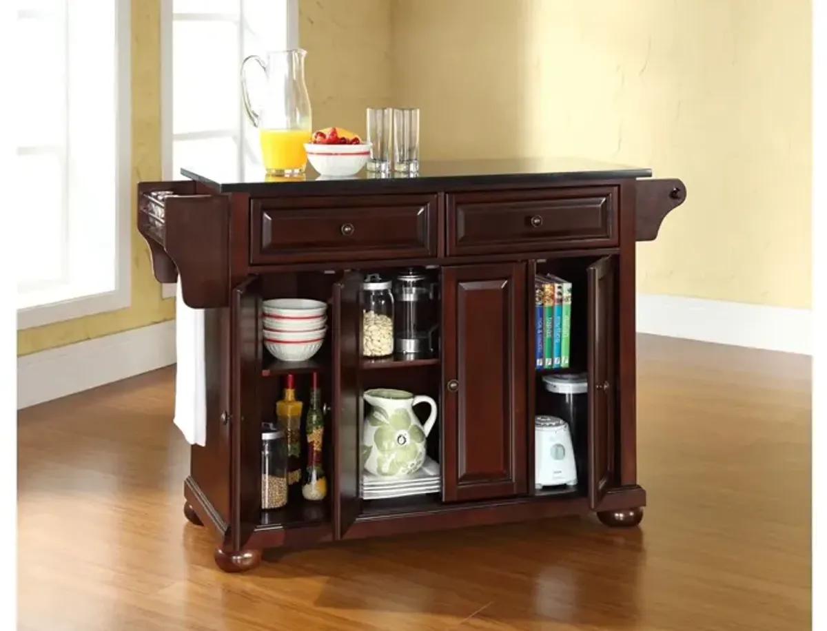 Alexandria Solid Black Granite Top Kitchen Island in Vintage Mahogany