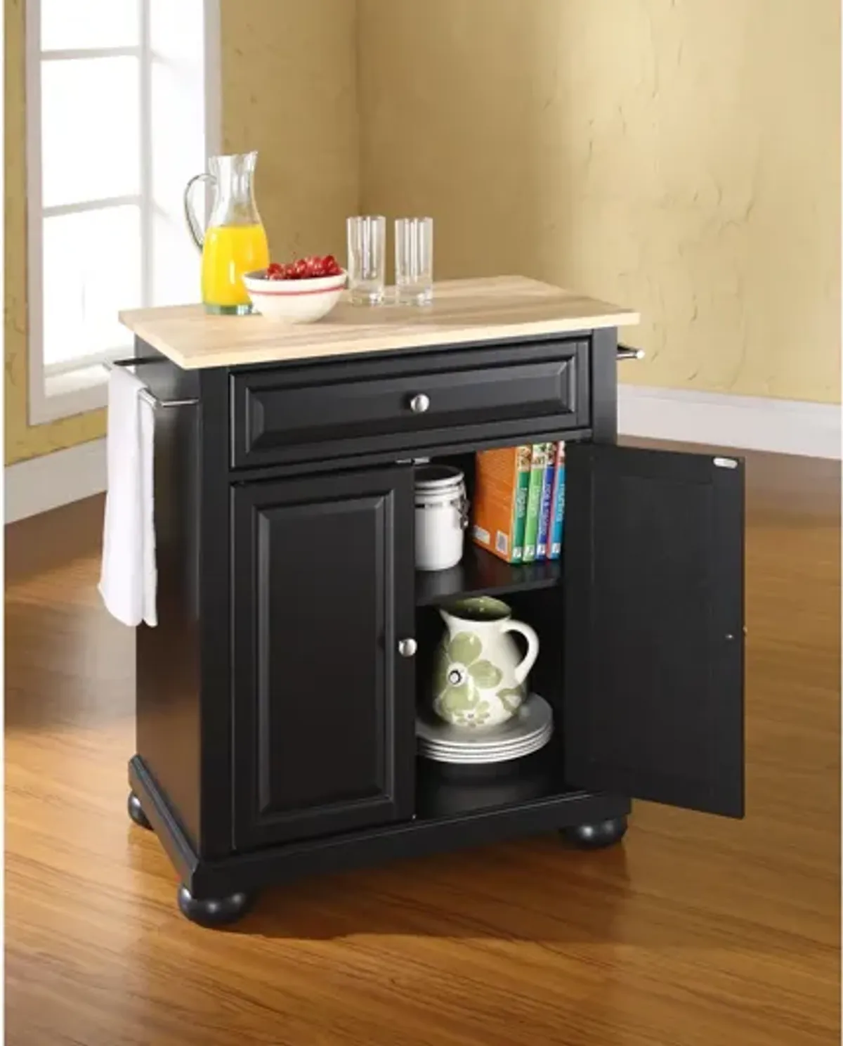 Alexandria Natural Wood Top Portable Kitchen Island in Black