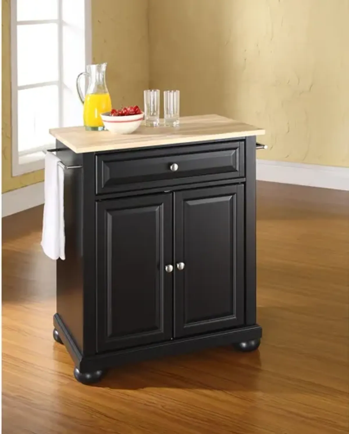 Alexandria Natural Wood Top Portable Kitchen Island in Black