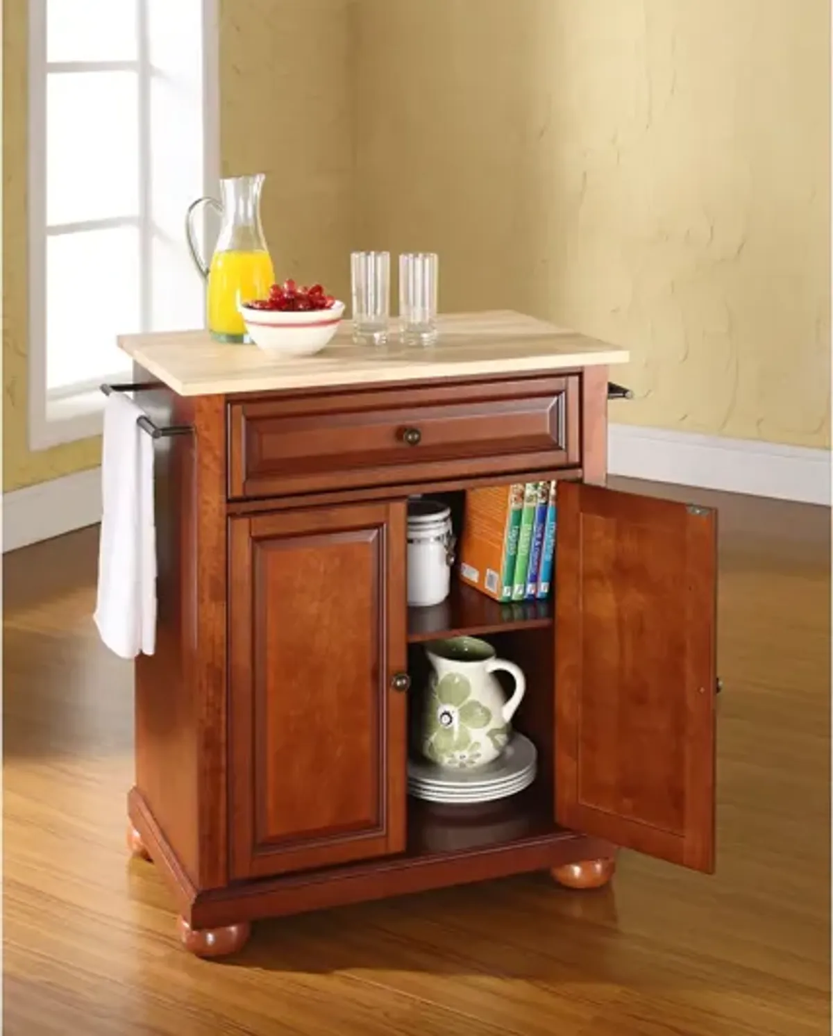 Alexandria Natural Wood Top Portable Kitchen Island in Classic Cherry