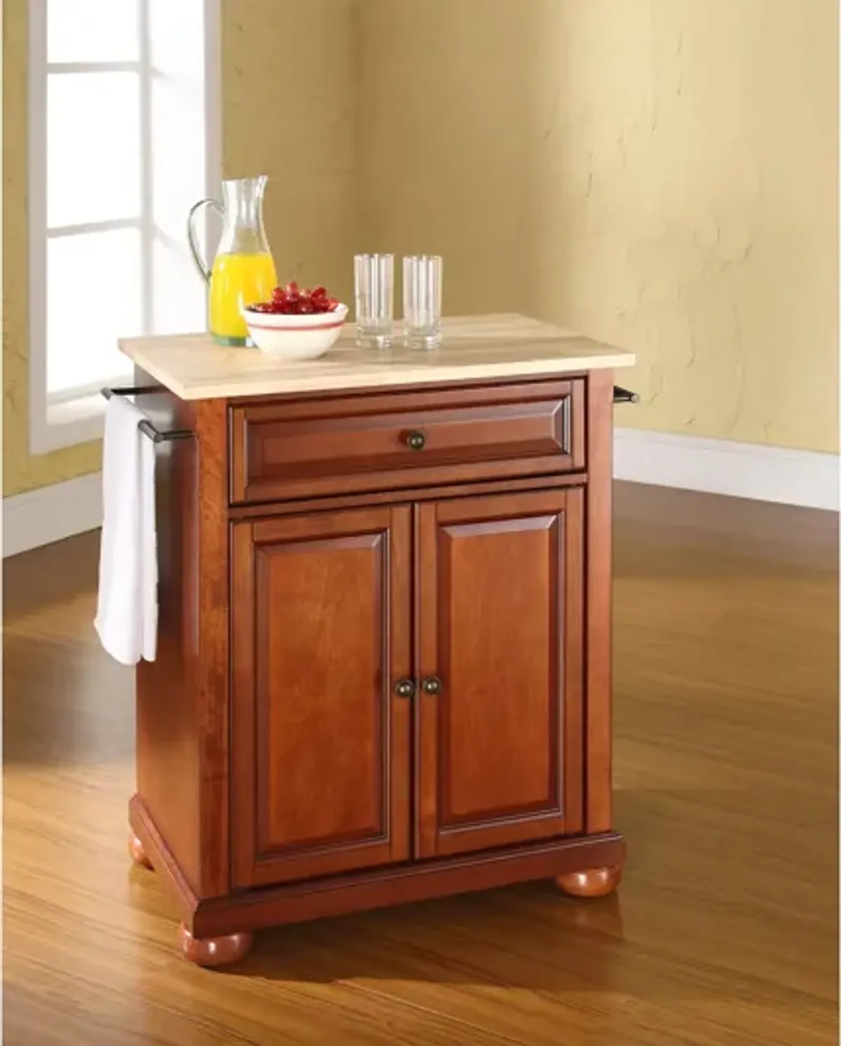 Alexandria Natural Wood Top Portable Kitchen Island in Classic Cherry