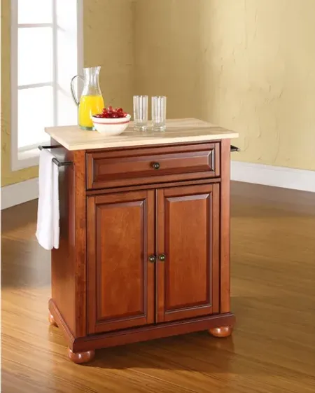 Alexandria Natural Wood Top Portable Kitchen Island in Classic Cherry