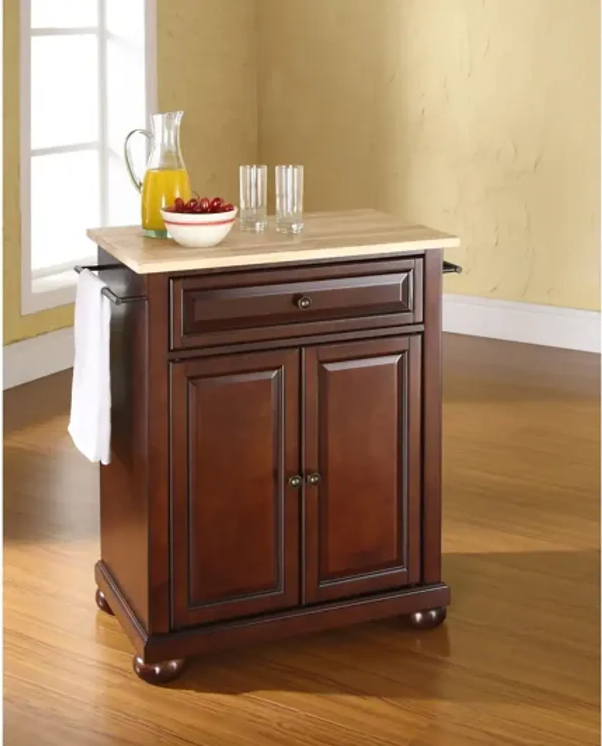 Alexandria Natural Wood Top Portable Kitchen Island in Vintage Mahogany