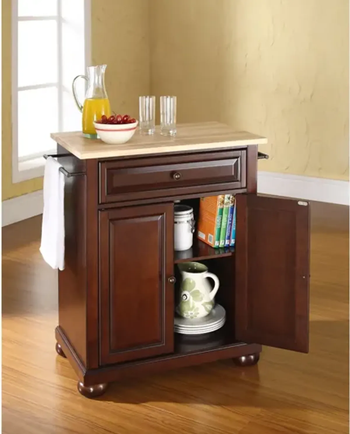 Alexandria Natural Wood Top Portable Kitchen Island in Vintage Mahogany