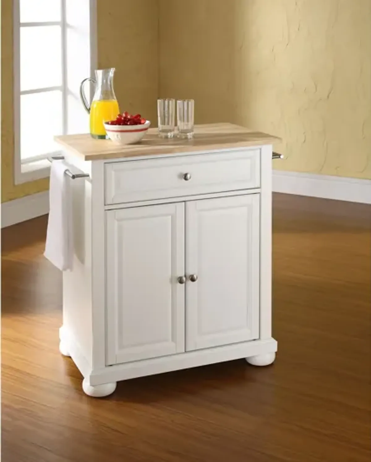 Alexandria Natural Wood Top Portable Kitchen Island in White