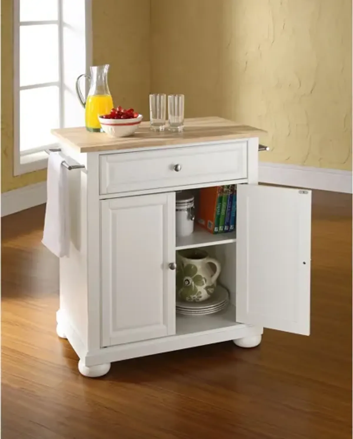 Alexandria Natural Wood Top Portable Kitchen Island in White