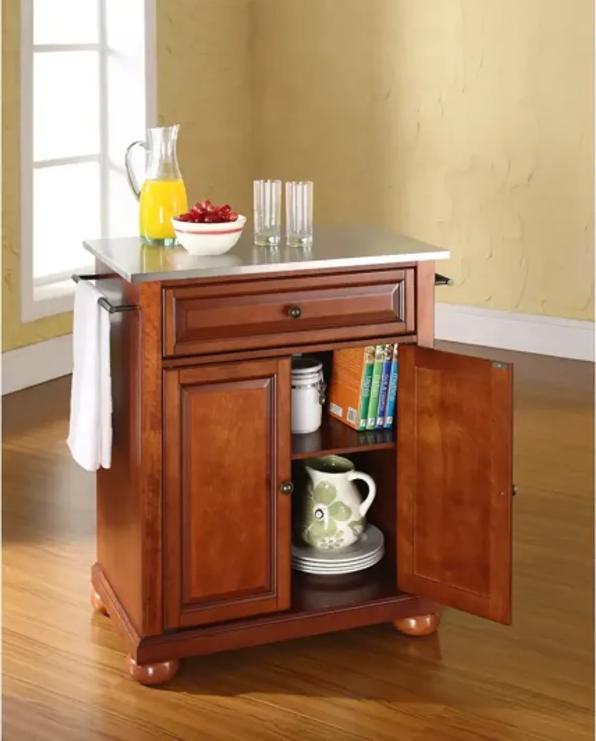 Alexandria Stainless Steel Top Portable Kitchen Island in Classic Cherry