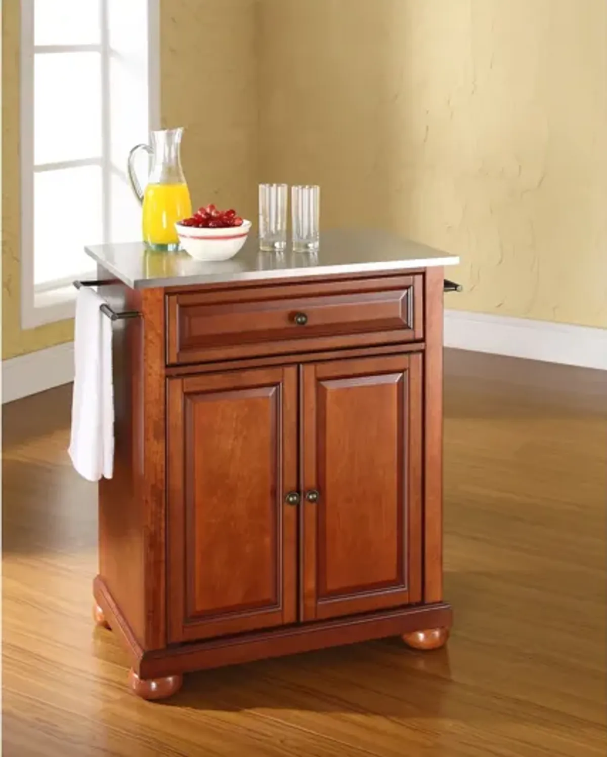 Alexandria Stainless Steel Top Portable Kitchen Island in Classic Cherry