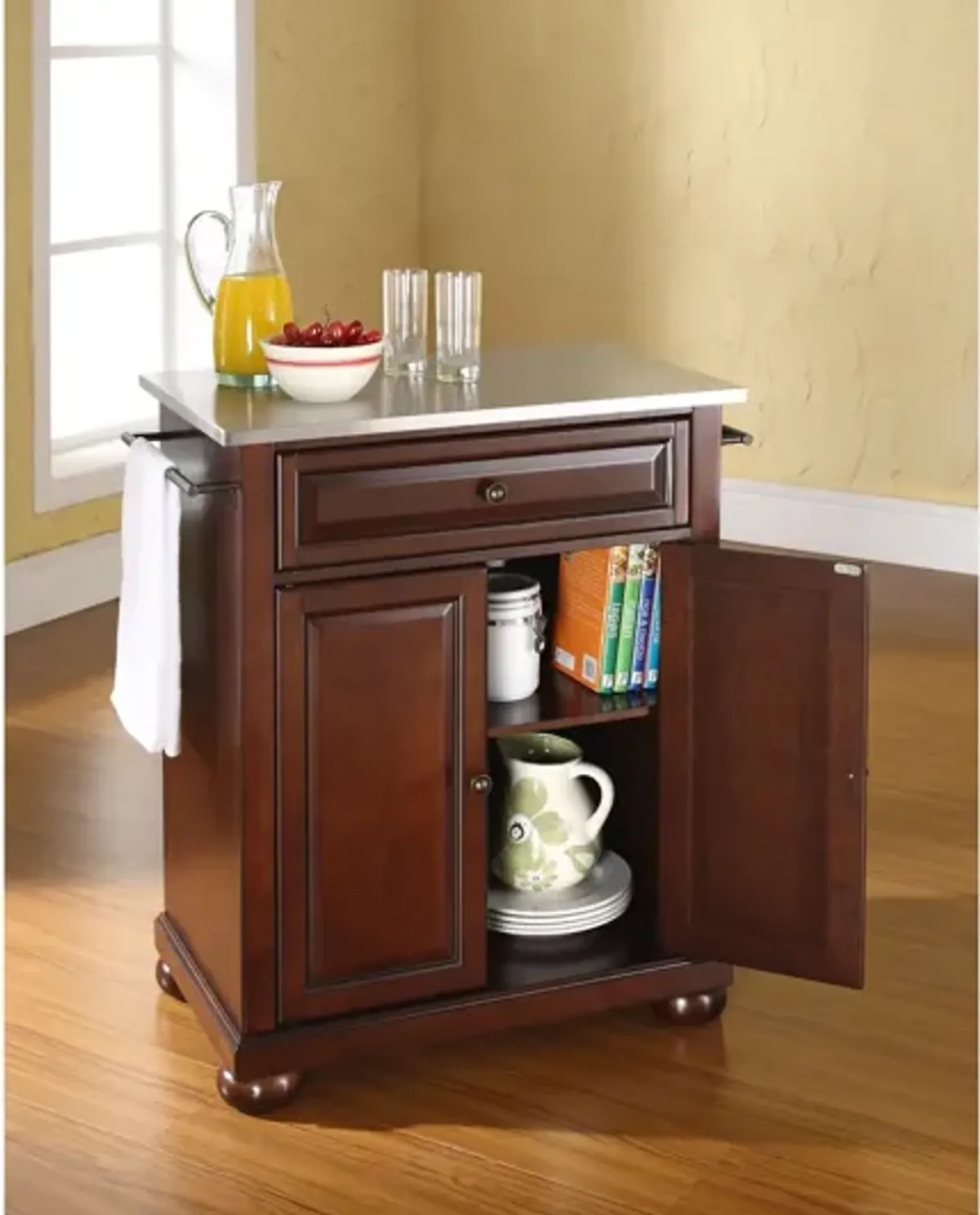 Alexandria Stainless Steel Top Portable Kitchen Island in Vintage Mahogany