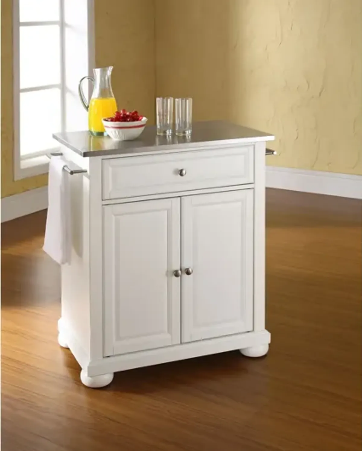 Alexandria Stainless Steel Top Portable Kitchen Island in White