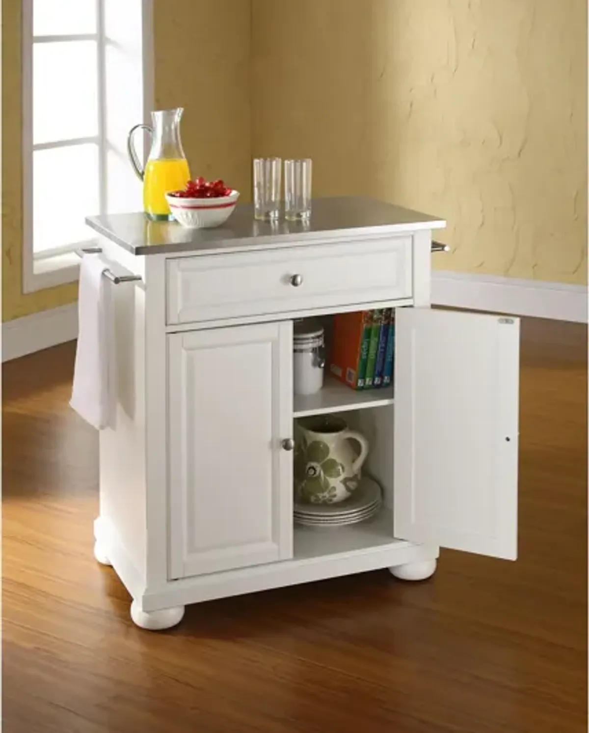 Alexandria Stainless Steel Top Portable Kitchen Island in White