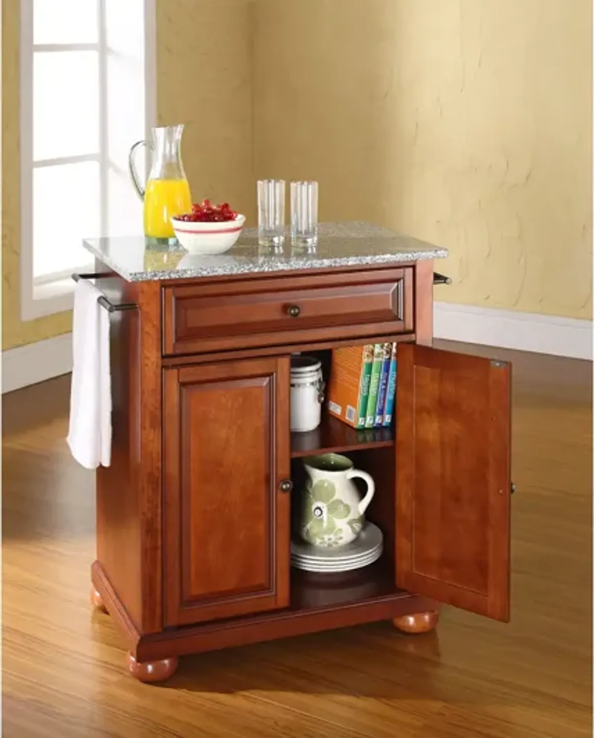 Alexandria Solid Granite Top Portable Kitchen Island in Classic Cherry